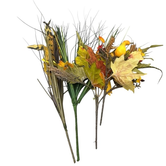 FALL HARVEST ARTIFICIAL FLORAL BUNDLE AUTUMN LEAVES WHEAT GOURDS WILD GRASS - Picture 1 of 6